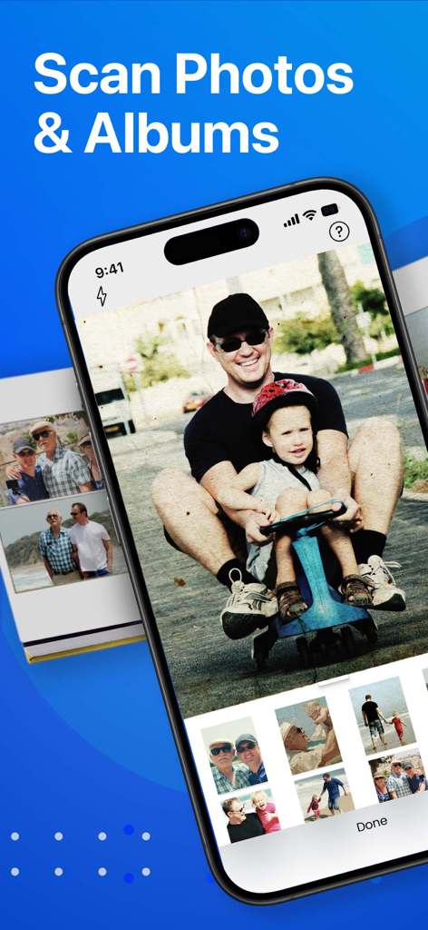 Photo Scanner: Scan old Albums - Smartphone scanning a physical photo album with family pictures
