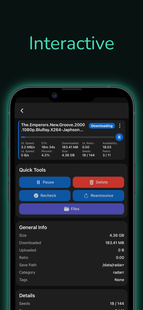 qRemote for qBittorrent - A mobile interface for qRemote showing detailed torrent progress and quick management tools in dark mode