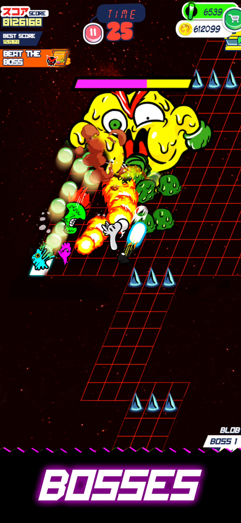 Floyd's Sticker Squad - Gameplay screenshot of a boss battle in Floyds Sticker Squad featuring a retro synthwave grid and a giant yellow monster.