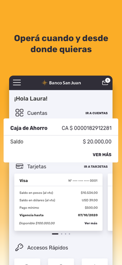 APP Banco San Juan - Interface de l'application Banco San Juan affichant le solde du compte et les détails de la carte de crédit