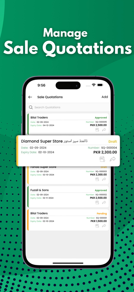 Inventory and Accounting app - Pantalla móvil que muestra la lista de cotizaciones de ventas con estados y precios en Splendid Accounts.