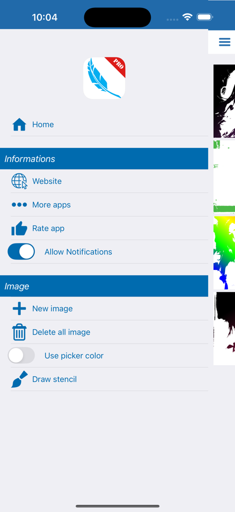 Interface of the Fx Stencil Pro app showing the main menu with image editing and information options