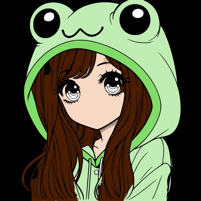a pretty girl wearing a frog hoodie portrait with long hair