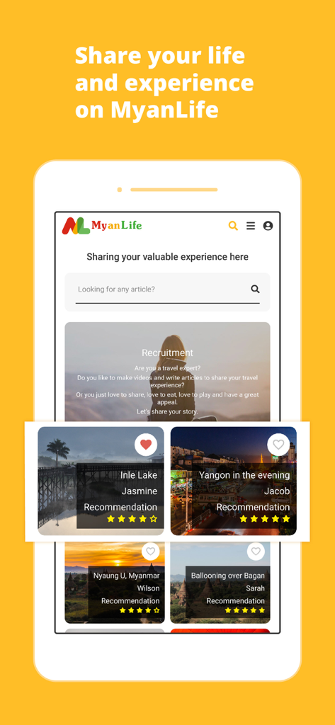 MyanLife - インレー湖、ヤンゴン、バガンの旅行のおすすめを表示するMyanLifeアプリのブログセクションのモバイルスクリーンショット