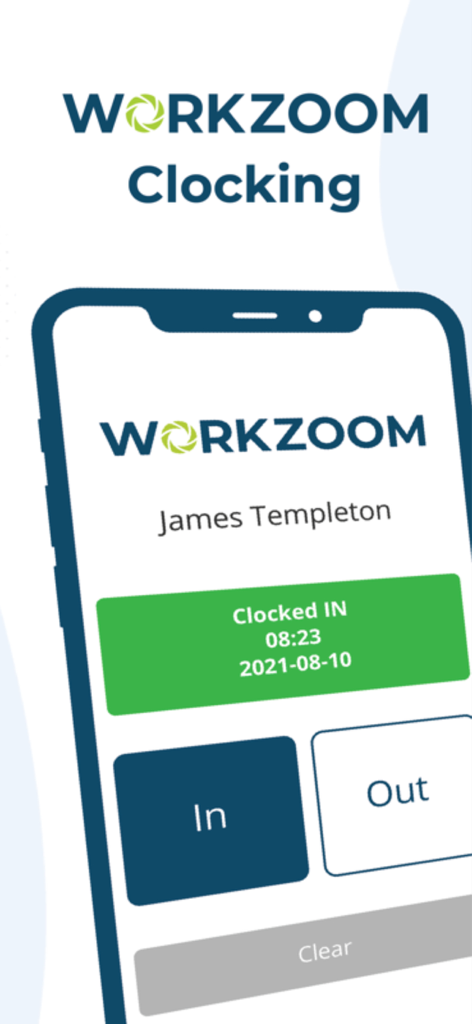 Workzoom Clocking - Workzoom Clockingアプリ画面。ユーザーが出勤打刻済みで、「出勤」「退勤」ボタンが表示されています。