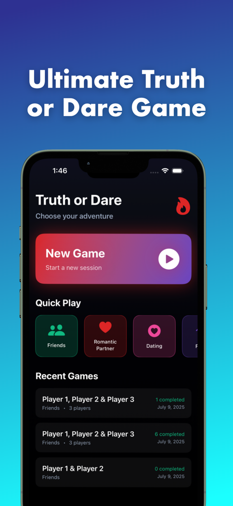 Truth or Dare Adults Only - Main menu of the Truth or Dare Adults Only app featuring quick play options for friends and couples