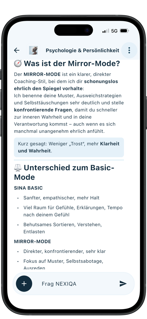 NEXIQA - NEXIQA app chat screen explaining psychology and mirror mode coaching styles