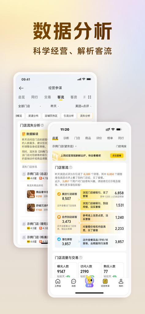 美团经营宝 (原美团开店宝) - Interfaz de la aplicación móvil Meituan Jingyingbao que muestra análisis de datos empresariales y métricas de tráfico de clientes de la tienda