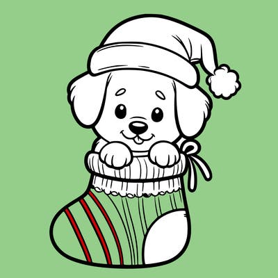 cute puppy wearing santa hat in socking