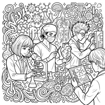 Dive into the exciting world of medicine and science with this dynamic coloring page designed specifically for teens. Explore intricate scenes featuring young medical innovators, lab equipment, and fascinating biological elements.