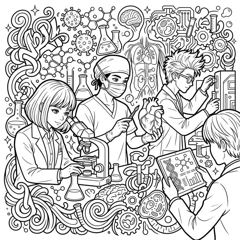 Dive into the exciting world of medicine and science with this dynamic coloring page designed specifically for teens. Explore intricate scenes featuring young medical innovators, lab equipment, and fascinating biological elements.