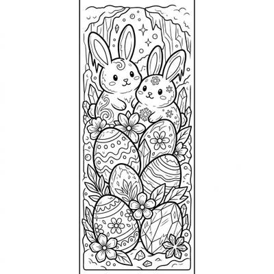 Discover a delightful fusion of winter wonderland and spring celebration with this unique Easter bookmark coloring page. It showcases two charming ice bunnies nestled among frosted eggs and sparkling ice blossoms, ready for your creative touch.