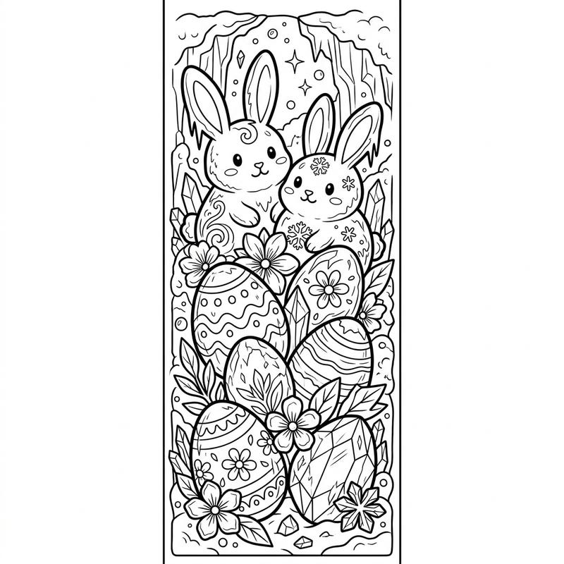 Discover a delightful fusion of winter wonderland and spring celebration with this unique Easter bookmark coloring page. It showcases two charming ice bunnies nestled among frosted eggs and sparkling ice blossoms, ready for your creative touch.