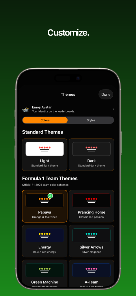 Lights Out: Reaction Time Game - Customization screen showing Formula 1 team-inspired color themes for the Lights Out reaction game.