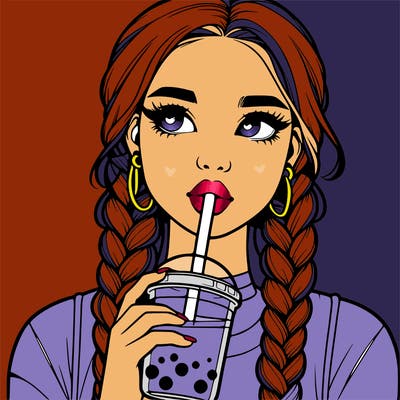 realistic girl with braided hair drinking boba
