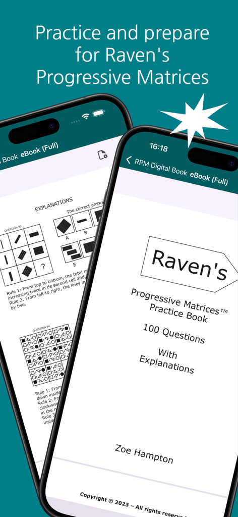 IQ Test: Raven's Matrices Pro - Two smartphones displaying the Raven's Progressive Matrices practice book and test explanations in the app.