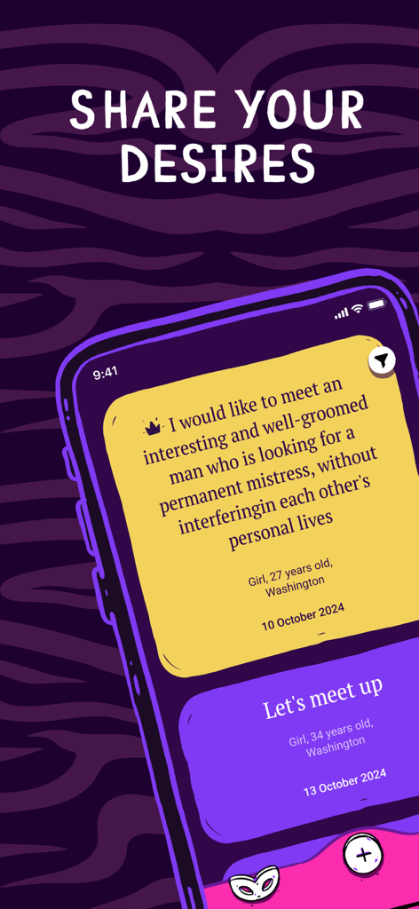 Masked Love: chat & date app - A smartphone screen from the Masked Love app displaying anonymous dating ads under the heading Share Your Desires