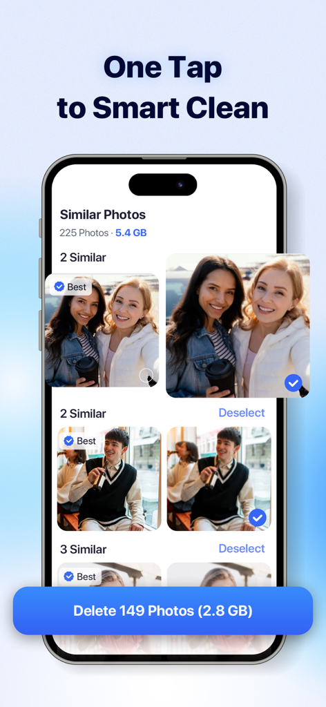 Deep Cleaner: Clean Your Phone - Interface de l'application Deep Cleaner montrant la fonction de nettoyage des photos similaires avec un bouton pour supprimer 149 photos et libérer 2,8 gigaoctets de stockage