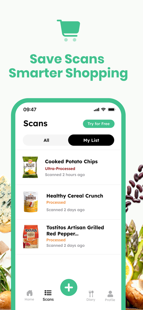 Screenshot of the Processed app showing a list of scanned food products and their processing levels