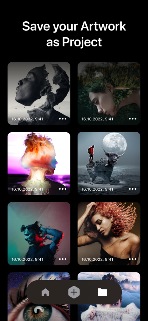 Trigraphy Photo Art Editor - A gallery view of saved digital art projects within the Trigraphy Photo Art Editor app showing various surreal and abstract photo edits.