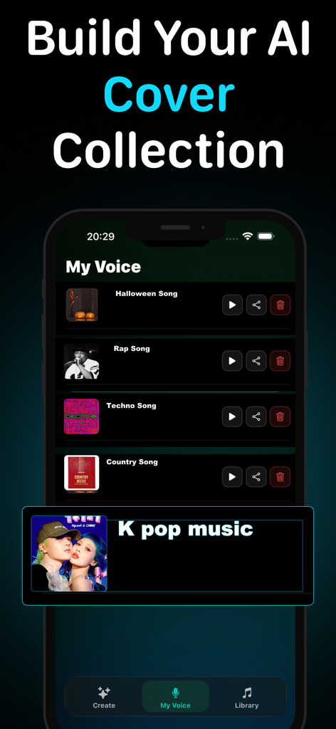AI Song Generator - Songlify - A list of AI-generated song covers in the Songlify app interface under the My Voice section.