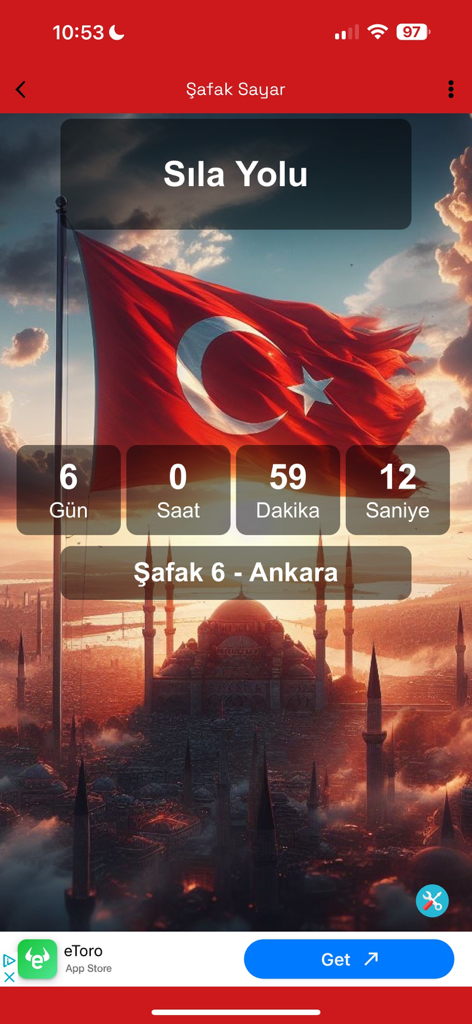 Sıla Yolu Sevenler - Écran de compte à rebours dans l'application Sila Yolu Sevenler montrant les jours et les heures restants pour un voyage en Turquie avec un fond de drapeau national