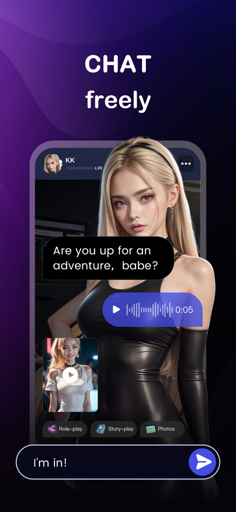 Winky 앱의 모바일 화면에는 AI 여자친구 캐릭터와의 채팅 대화와 음성 메시지 옵션이 표시됩니다.
