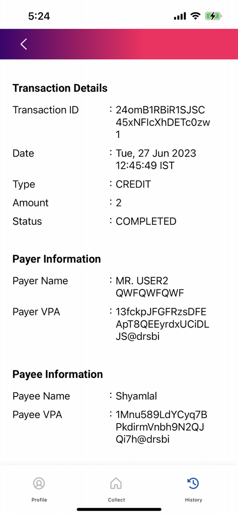 Detailed transaction view in the Merchant eRupee By SBI app showing payer and payee information.