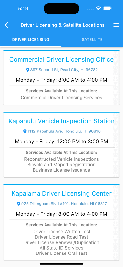 HNL Info - HNL Info app screen displaying a list of driver licensing offices and vehicle inspection stations in Honolulu including addresses and hours of operation