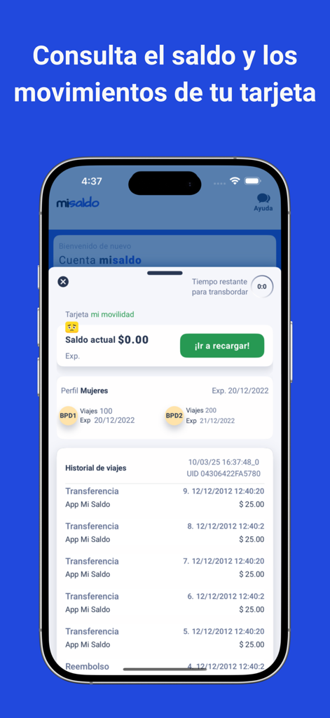 Mi Saldo - Smartphone screen showing Mi Saldo app with balance and travel history for Jalisco transit card