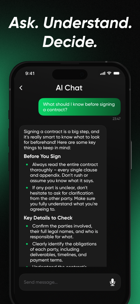 리걸 마인드 앱 AI 채팅 인터페이스, 계약 서명에 대한 법률 자문 표시