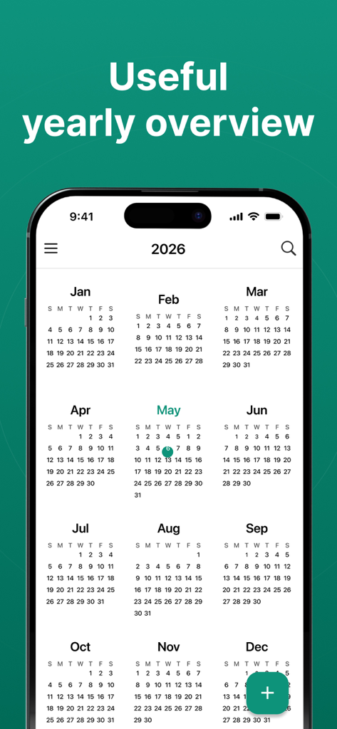 Mobile app screenshot showing a complete 2026 yearly calendar overview with all twelve months in a grid