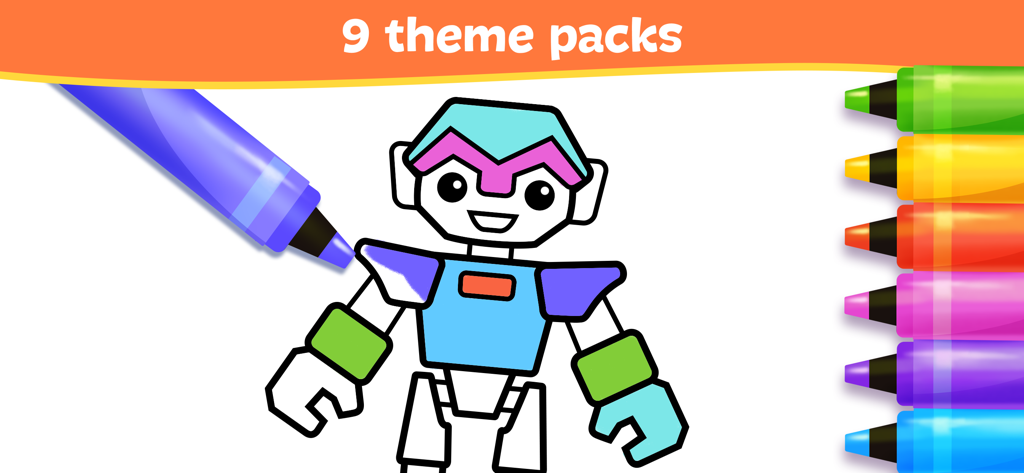 A digital coloring page of a robot being painted with a blue marker and colorful crayons.