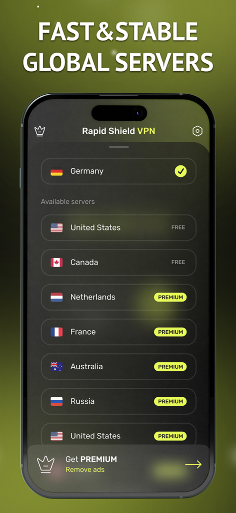 Rapid Shield VPN - Secure&Fast - Rapid Shield VPN app interface showing a list of available free and premium servers in different countries on an iPhone.