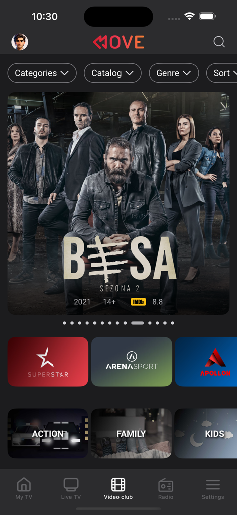 MOVE TV - MOVE TV App-Oberfläche mit der Serie Besa und verschiedenen Kanalkategorien