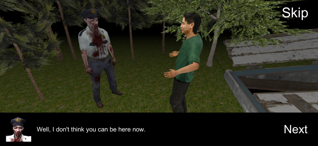 A bloody zombie policeman confronting a character in a dark forest cutscene from Horror Clown Scary Escape Game