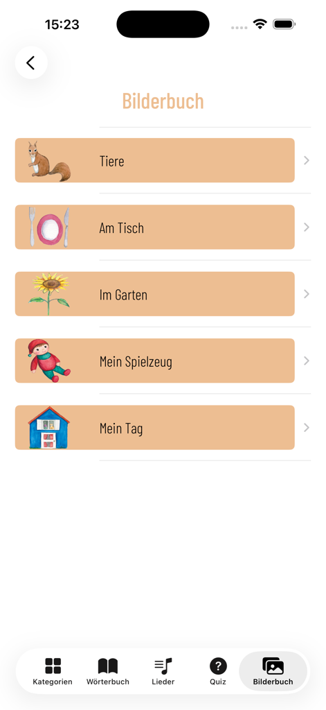 Babyzeichen Zwergensprache - A menu of picture book categories in the Babyzeichen Zwergensprache app including animals garden and toys