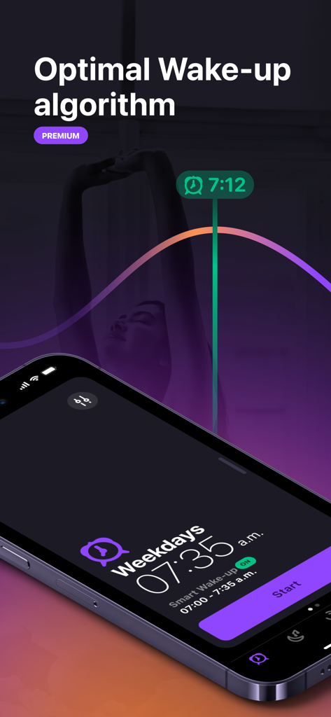 Pillow app interface showing the optimal wake-up algorithm and smart alarm feature on an iPhone