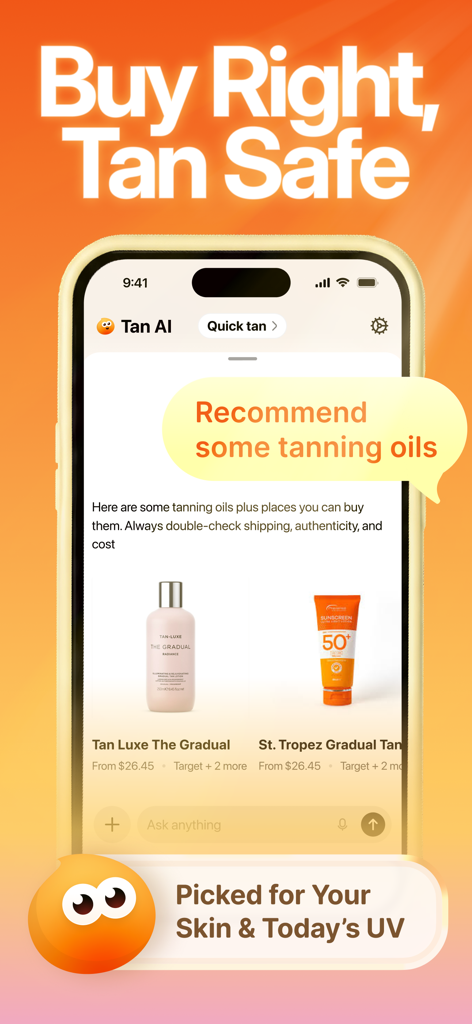 Pantalla de la aplicación Tan AI mostrando recomendaciones personalizadas de productos de bronceado y una interfaz de chat para consejos de bronceado