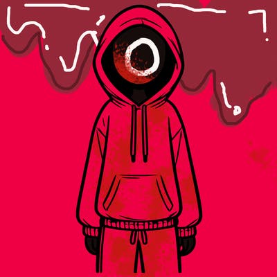 faceless girl in a tracksuit with a hood on and no hair