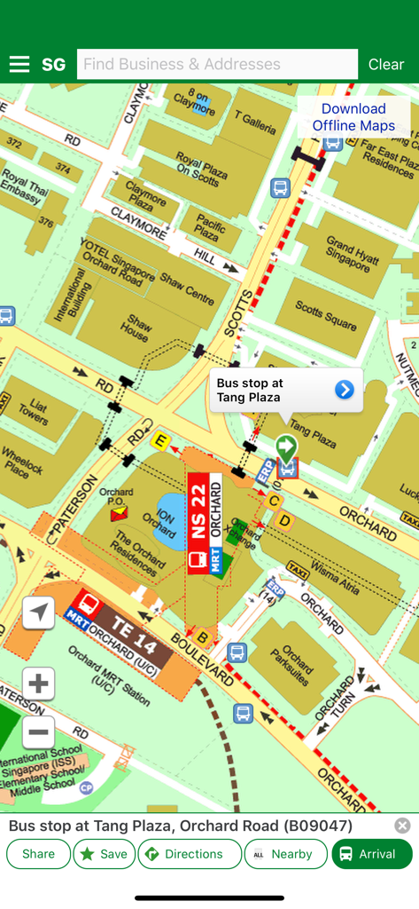 Singapore Maps - バス停とMRT（地下鉄）駅のアイコンが表示された、オーチャードロードの詳細なエリアを示すシンガポール マップアプリのインターフェイス。