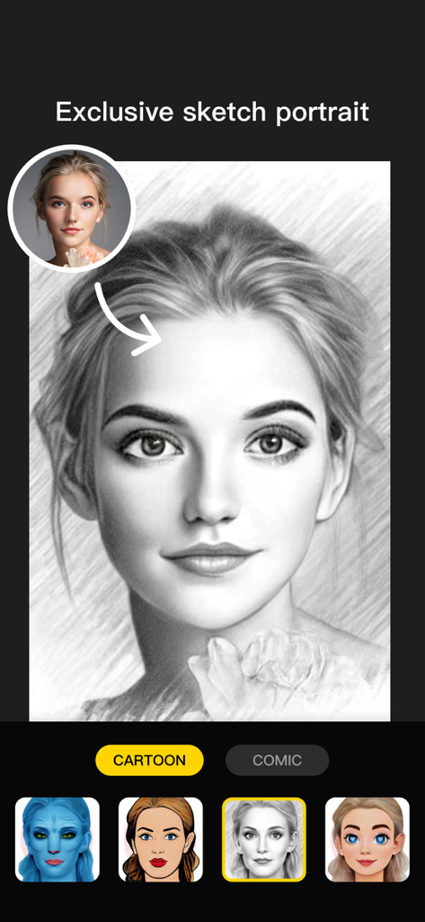 Aha Photo Lab - Interface do aplicativo Aha Photo Lab mostrando um retrato de mulher convertido em um esboço com opções de filtro artístico