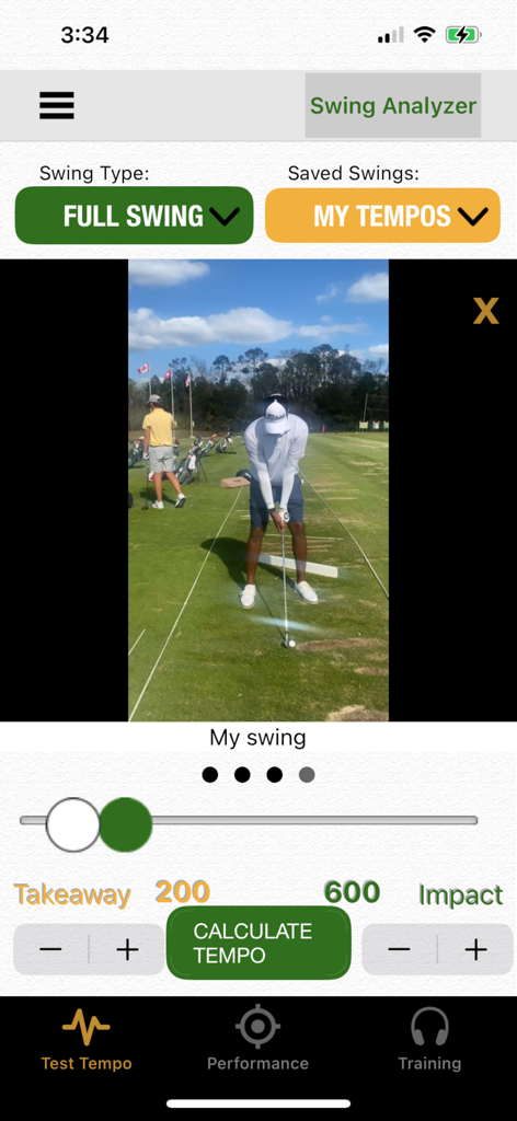 Mobile app interface showing a video analysis of a golf swing to calculate tempo rhythm