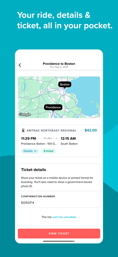 Wanderu: Bus & Train Tickets - Mobile app screen showing a digital train ticket itinerary from Providence to Boston with map and trip details.