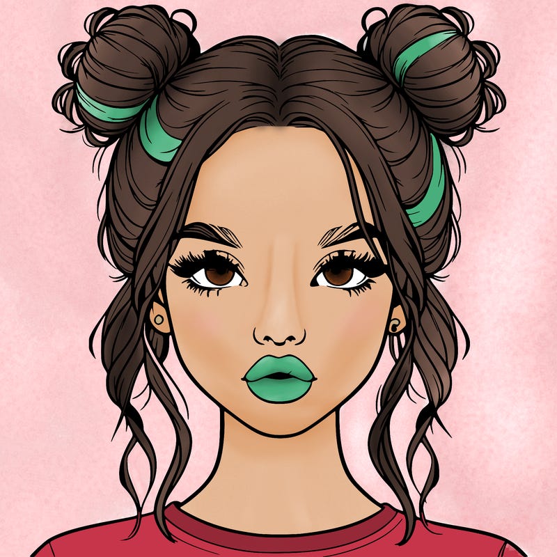 realistic girl with two buns in hair and lips