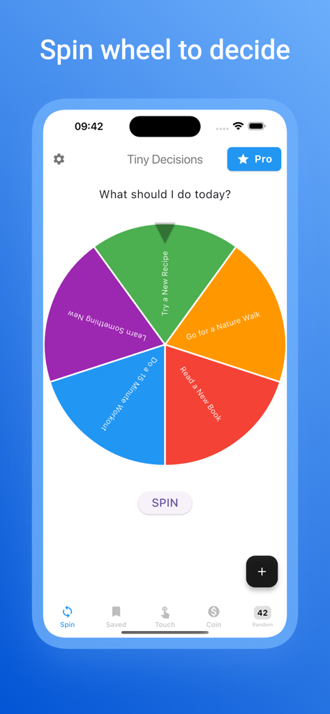Picker Wheel - Spin Decisions - A colorful decision wheel on a mobile screen displaying activity options like reading a book and exercising to help users make quick choices