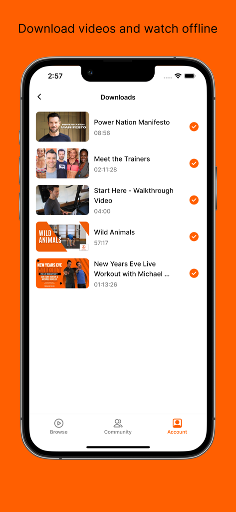 Power Nation by Tony Horton - Power Nation app interface showing a list of downloaded fitness videos for offline viewing