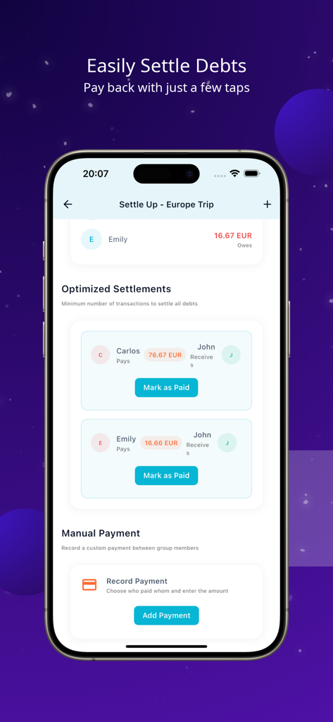 SplitUp – Split & Share Bills - SplitUp mobile app interface showing optimized group settlements for a shared trip with buttons to mark payments as paid