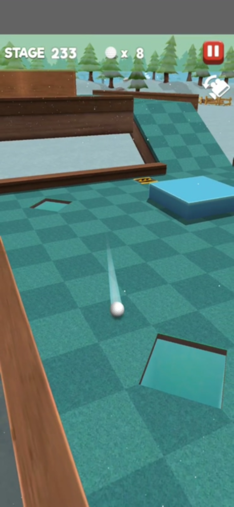 Putting Golf King Mobile Game Screenshot zeigt einen Golfball auf einem karierten Grün mit Hindernissen