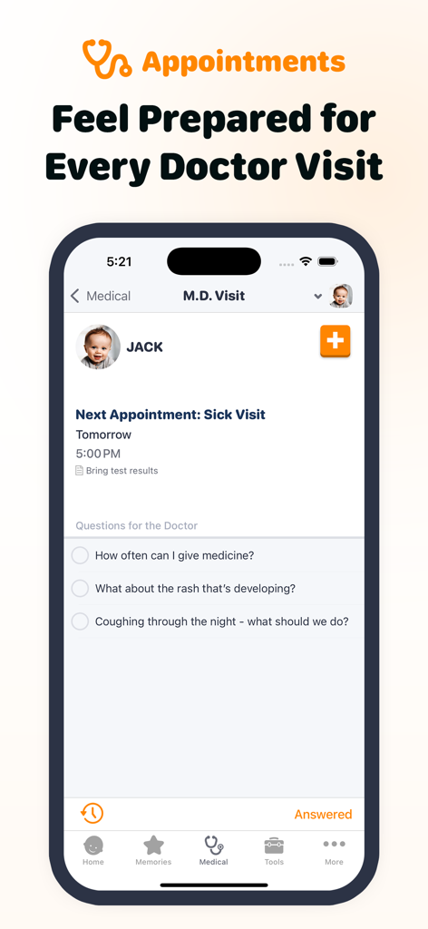 Baby Tracker App by Sprout - Sprout Baby Tracker app interface showing a medical visit schedule and a list of questions for the doctor